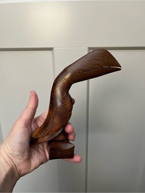 Vintage MCM Wooden Toucan Sculpture W/ Glass Eyes Brazilian Folk Art